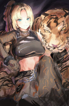 1girl absurdres black_pants black_shirt blonde_hair blue_eyes closed_mouth cropped_shirt highres hololive hololive_dev_is kama_boko17 koganei_niko koganei_niko_(flowglow_uniform) long_hair looking_at_viewer official_alternate_costume pants see-through_clothes see-through_sleeves shirt tiger virtual_youtuber