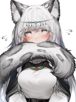 1girl absurdres animal_ears arknights biting biting_own_tail blush breasts covering_own_mouth embarrassed fang highres looking_at_viewer medium_breasts pramanix_(arknights) simple_background skin_fang snow_leopard_ears snow_leopard_girl snow_leopard_tail solo tab_head tail tail_biting white_background white_eyes white_hair