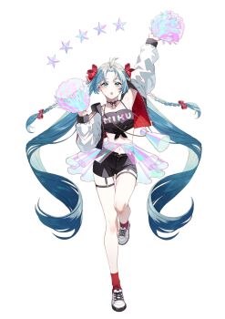 1girl alternate_costume alternate_hairstyle ankle_socks aqua_eyes aqua_hair arm_up armpits asymmetrical_hair bangs_pinned_back bare_legs belt black_belt black_garter_straps black_shorts black_tank_top braid breasts character_name choker clothes_writing collarbone contrapposto dot_nose full_body garter_straps hair_ribbon hair_tie hand_up hatsune_miku high_twin_braids highres holding holding_pom_poms horizontal-striped_ribbon iridescent jacket knee_up letterman_jacket light_blush medium_breasts megaphone midriff narrow_waist navel open_clothes open_jacket padded_jacket pale_skin parted_bangs parted_lips pom_pom_(cheerleading) pom_poms red_ribbon red_socks revealing_clothes ribbon ribbon_choker shirt shoes shorts simple_background single_horizontal_stripe sneakers socks solo spaghetti_strap standing standing_on_one_leg star_(symbol) tank_top thigh_gap thigh_strap tied_shirt tied_tank_top triple_vertical_stripe twin_braids twintails two-sided_fabric two-sided_jacket uryoko vocaloid waist_cape white_background white_jacket white_shoes