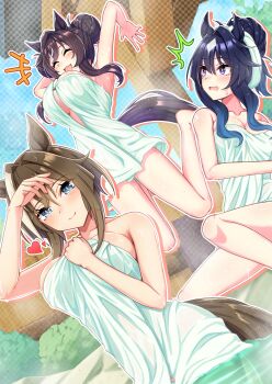3girls animal_ears bare_shoulders blue_eyes blue_hair blush breasts brown_hair cheval_grand_(umamusume) closed_eyes closed_mouth comiket_107 commentary_request hair_between_eyes hair_bun heart highres horse_ears horse_girl horse_tail large_breasts long_hair mole mole_under_eye multicolored_hair multiple_girls naked_towel onsen open_mouth smile streaked_hair tail towel towel_on_head umamusume v_sisters verxina_(umamusume) vivlos_(umamusume) water white_hair zenrakishi
