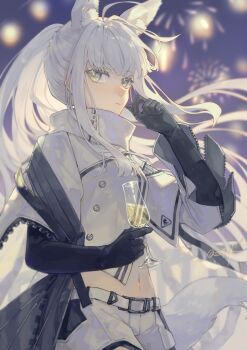 1girl absurdres aerial_fireworks ahoge animal_ear_fluff animal_ears arknights belt black_gloves blunt_bangs blurry blurry_background champagne_flute collared_jacket commentary cowboy_shot cropped_jacket cup drinking_glass elbow_gloves expressionless fireworks gloves hand_up highres holding holding_cup horse_ears horse_girl horse_tail jacket kazimierz_logo long_hair long_sidelocks looking_at_viewer midriff miike_(992058) navel platinum_(arknights) ponytail short_shorts shorts sidelocks sideways_glance signature symbol-only_commentary tail three-quarter_sleeves very_long_hair white_belt white_hair white_jacket white_shorts wide_sleeves yellow_eyes zipper