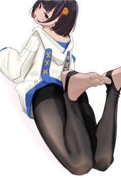 Rule 34 | 1girl, animal ears, black pantyhose, colored inner hair, commentary request, feet, foot focus, highres, hood, hooded jacket, hoodie, innosick, jacket, looking back, multicolored hair, no shoes, original, pantyhose, rabbit ears, soles, stirrup legwear, toeless legwear, toes