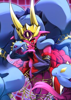 1girl bare_shoulders black_sleeves blue_hair colored_skin cowboy_shot detached_sleeves digimon digimon_(creature) hair_ornament highres long_hair mask medusamon multiple_heads open_mouth pink_skin pointy_ears red_skirt shikitsuki simple_background skirt snake_hair_ornament solo twintails wide_sleeves