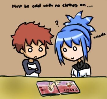 1boy 1girl 4chan :> ? caricature colorized crossed_arms crossover drawfag emiya_shirou fate/stay_night fate_(series) kampfer lowres o_o playboy senou_natsuru truth