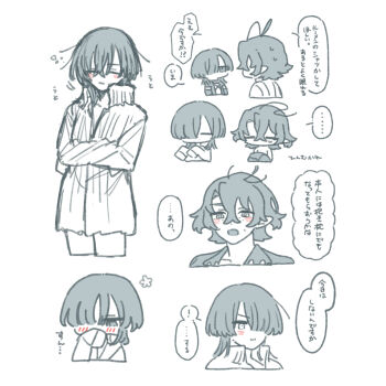 ... 1boy 1girl antenna_hair arknights blush chibi chickenuma_0 closed_eyes closed_mouth collared_shirt commentary_request cropped_legs cropped_torso crossed_arms doctor_(arknights) female_doctor_(arknights) hair_between_eyes hair_over_one_eye highres long_sleeves looking_at_another lumen_(arknights) messy_hair monochrome naked_shirt open_mouth pointy_ears shirt short_hair simple_background sleeves_past_fingers sleeves_past_wrists speech_bubble white_background