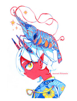 1girl animal animal_on_head artist_name closed_mouth colored_skin commentary cropped_shoulders english_commentary expressionless from_side horns looking_at_viewer marker_(medium) maruti_bitamin on_head oni original painting_(medium) pointy_ears portrait red_skin short_hair shrimp sideways_glance simple_background solo traditional_media watercolor_(medium) white_background white_hair yellow_eyes