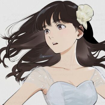 Rule 34 | 1girl, black hair, commentary, english commentary, floating hair, grey eyes, highres, long hair, looking to the side, original, parted lips, shirt, simple background, sleeveless, sleeveless shirt, solo, turning head, umishima senbon, upper body, watermark, watermark grid, white background, white shirt