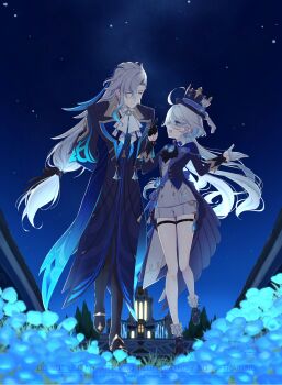 1boy 1girl ahoge ascot asymmetrical_gloves black_gloves black_pants black_shoes blue_coat blue_eyes blue_flower blue_gem blue_hair blue_hat blue_jacket blue_shoes coat commentary_request flower full_body furina_(genshin_impact) gem genshin_impact gloves hat hat_ornament highres jacket long_hair long_sleeves looking_at_another low-tied_long_hair mismatched_gloves multicolored_hair neuvillette_(genshin_impact) night open_mouth pants sakuraji_tomoka shoes star_(sky) thigh_strap top_hat white_ascot white_gloves white_hair