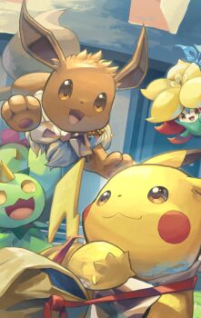 bag brown_eyes brown_fur day eevee gen_1_pokemon gen_5_pokemon gen_8_pokemon gossifleur looking_at_another maractus nintendo no_humans open_mouth outdoors pikachu pokemon pokemon_(creature) pokemon_mystery_dungeon shoulder_bag yamaori_(hakkentai_pokedan) yellow_fur