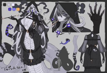 10den 1girl belt black_belt black_hair breasts cleavage commentary_request forked_tongue hair_over_one_eye highres holding holding_smoking_pipe hood huge_breasts jewelry lamia long_hair looking_at_viewer monster_girl multicolored_hair multiple_views open_clothes original purple_eyes sharp_teeth smoking_pipe snake_tail tail tall_female teeth tongue tongue_out