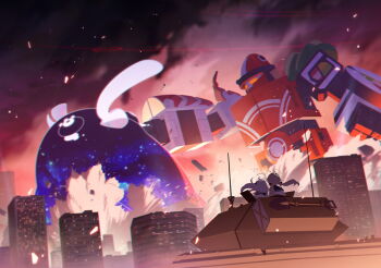 2girls artist_request azusa_(blue_archive) black_sailor_collar blonde_hair blue_archive city fighting game_cg halo hifumi_(blue_archive) highres jacket kaiten_fx_mk.0_(blue_archive) mecha military_vehicle monster motor_vehicle multiple_girls non-web_source official_art perorodzilla_(blue_archive) robot sailor_collar tank white_hair white_jacket yellow_halo