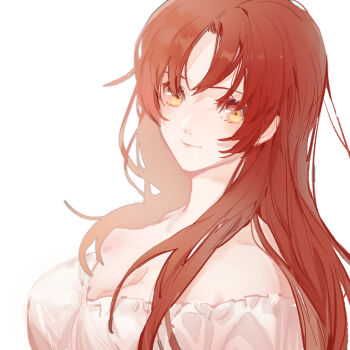 1girl breasts cleavage closed_mouth commentary_request highres honkai_(series) honkai_impact_3rd humidifier_xd large_breasts long_hair looking_at_viewer murata_himeko nightgown red_hair smile solo upper_body white_background white_nightgown yellow_eyes