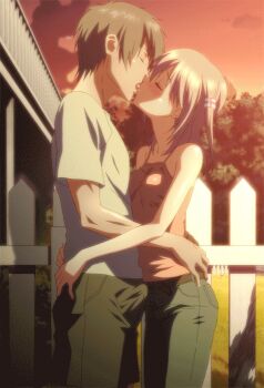 1boy 1girl animated animated_gif blush breasts brown_hair bulge closed_eyes couple covered_erect_nipples erection erection_under_clothes french_kiss bad_tag hetero hug kamimura_chika kiss medium_breasts no_bra outdoors saliva short_hair sisters_~natsu_no_saigo_no_hi~ small_breasts standing tank_top tongue tongue_out
