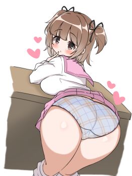 1girl ass ass_focus bent_over blue_panties blush breasts brown_hair clothes_lift commentary_request crotch_seam desk finger_to_mouth grey_eyes hand_up heart highres index_finger_raised large_breasts looking_at_viewer looking_back medium_hair oppai_loli original panties petsuo_(penpen) pink_sailor_collar pink_skirt plaid_clothes plaid_panties presenting presenting_ass sailor_collar school_uniform shirt short_twintails simple_background skirt skirt_lift solo standing turning_head twintails underwear white_background white_shirt