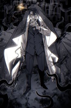 Rule 34 | 1boy, bags under eyes, black blood, black hair, black shirt, black vest, blood, blood on clothes, blood on face, blood on hands, blood splatter, bruise, bruise on hand, cloak, coat, from above, full body, ginsan, glint, glowing, glowing eyes, hand up, highres, holding, holding sword, holding weapon, hood, hood up, hooded cloak, injury, looking at viewer, male focus, omniscient reader's viewpoint, outline, secretive plotter, shirt, short hair, smoke, solo, sparkle, starry sky print, sword, tentacles, vest, weapon, white coat, white outline, yellow eyes, yoo joonghyuk