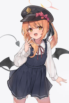 1girl black_tail black_wings blonde_hair blue_archive blue_skirt breasts demon_girl demon_tail demon_wings grey_background hachita_(odangoya) halo highres ibuki_(blue_archive) long_hair shirt simple_background skirt small_breasts solo tail thighs white_shirt wings yellow_eyes yellow_halo