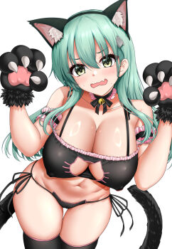 1girl akizuki_akina animal_ears animal_hands aqua_hair arm_garter bare_shoulders bell black_bra black_hairband black_panties black_ribbon black_thighhighs bra breasts cat_ear_panties cat_ears cat_girl cat_lingerie cleavage cleavage_cutout clothing_cutout collarbone commentary_request covered_erect_nipples cowboy_shot embarrassed fake_animal_ears fake_tail frilled_bra frills from_above gloves hair_ornament hairband hairclip highres jingle_bell kantai_collection long_hair looking_at_viewer looking_up navel neck_garter neck_ribbon open_mouth panties paw_gloves ribbon side-tie_panties simple_background skindentation solo suzuya_(kancolle) tail thigh_gap thighhighs underwear underwear_only v-shaped_eyebrows w_arms wavy_mouth white_background yellow_eyes