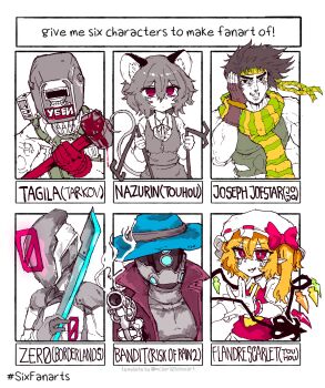 Rule 34 | 1other, 2girls, 3boys, absurdres, animal ear fluff, animal ears, bandit (risk of rain 2), blonde hair, blood, bloody weapon, blue hat, blush, borderlands (series), bow, brown gloves, brown hair, closed mouth, collared shirt, commentary, crossover, crystal, crystal wings, dowsing rod, dual wielding, english commentary, english text, fang, fingerless gloves, flandre scarlet, gloves, green scarf, grey skirt, grey vest, gun, hair between eyes, hammer, handgun, hat, hat bow, headband, helmet, highres, holding, holding gun, holding hammer, holding sword, holding weapon, jewelry, jojo no kimyou na bouken, joseph joestar, laevatein (touhou), medium hair, mob cap, mouse ears, mouse girl, mouse tail, multicolored wings, multiple boys, multiple drawing challenge, multiple girls, nazrin, neck ribbon, one side up, pendant, pink bow, pink eyes, pointy ears, rampa93, red eyes, red vest, ribbon, risk of rain (series), risk of rain 2, scarf, shirt, six fanarts challenge, skin fang, skirt, sledgehammer, smile, smoke, smoking barrel, striped clothes, striped scarf, sword, tagilla (escape from tarkov), tail, touhou, two-tone scarf, vest, weapon, welding mask, white shirt, wings, wrist cuffs, yellow scarf, zer0