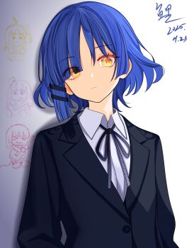1girl black_jacket blazer blue_hair bocchi_the_rock! chinese_commentary closed_mouth collared_shirt commentary_request dated doodle_inset expressionless gotoh_hitori gradient_background hair_ornament hairclip highres ijichi_nijika jacket kita_ikuyo long_sleeves looking_at_viewer parallel_hairclips parted_bangs school_uniform shirt short_hair signature solo unee5758 upper_body white_shirt wing_collar yamada_ryo yellow_eyes
