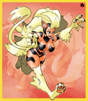 1girl absurdres alternate_color alternate_hair_color animal_ears animal_feet animal_hands arcanine big_hair blonde_hair blue_eyes body_fur border breasts cat_ears cat_girl cat_paws cat_tail claws commentary cosplay dark_skin darkstalkers english_commentary fangs felicia_(darkstalkers) full_body fusion gen_1_pokemon highres large_breasts long_hair missandydandy nintendo open_mouth palette_swap pawpads pokemon pokemon_(creature) running smile solo tail white_fur yellow_border yellow_fur zoom_layer