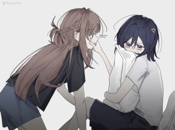 2girls anger_vein black_shirt black_shorts blue_eyes blue_hair blue_shorts blush braid brown_hair cheek_squash commentary grey_background half_up_braid hand_on_another&#039;s_face hugging_object long_hair medium_hair miyagi_shiori multiple_girls pillow pillow_hug sasagawa_yuki sendai_hazuki shirt shorts shuuniichido_classmate_wo_kau_hanashi simple_background white_shirt yuri
