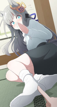 1girl animal_ears blue_eyes blush breasts casual chrono_genesis_(casual)_(umamusume) chrono_genesis_(umamusume) covering_own_mouth hair_between_eyes hair_ornament horse_ears horse_girl horse_tail looking_at_viewer nel-c no_shoes paid_reward_available poking pov pov_hands socks soles solo tail umamusume white_socks