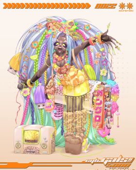 1girl bag bag_charm big_hair blue_hair boots bracelet braid breasts brown_footwear cellphone character_doll charm_(object) cleavage commentary corrupted_twitter_file dark-skinned_female dark_skin decoden doll english_commentary eyelashes facepaint floral_print flower flower_necklace full_body fur-trimmed_boots fur_trim ganguro green_eyes green_nails gyaru gyaru_makeup hair_extensions hair_flower hair_ornament head_wreath heart hibiscus highlighter_(makeup) highres holding holding_microphone jewelry karaoke large_breasts lei lips long_hair makeup manba_gyaru microphone monkey nail_polish necklace open_mouth orange_tank_top original outstretched_arms phone print_tank_top puri_prado skirt smile standing tamagotchi tamagotchi_(virtual_pet) tamagotchi_plus tank_top translation_request usb very_dark_skin very_long_fingernails very_long_hair virtual_pet_(toy) y2k_fashion yamanba_(gyaru) yellow_skirt