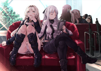 4girls ak-12_(girls&#039;_frontline) an-94_(girls&#039;_frontline) aqua_eyes assault_rifle black_footwear black_pants blush boots braid breasts cleft_of_venus closed_eyes closed_mouth female_ejaculation_through_clothes girls&#039;_frontline gun highres holding holding_tablet_pc long_hair m4a1_(girls&#039;_frontline) medium_breasts mishima_hiroji multiple_girls open_mouth panties pants peeing peeing_self pink_hair rifle silver_hair sitting smile st_ar-15_(girls&#039;_frontline) tablet_pc thighhighs underwear weapon weapon_rack white_panties yuri