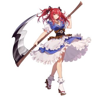 1girl artist_request breasts brown_sash cleavage closed_mouth coin coin_on_string full_body game_asset geta hair_bobbles hair_ornament holding holding_scythe jewelry large_breasts long_hair looking_at_viewer necklace non-web_source obi obidome official_art onozuka_komachi puffy_short_sleeves puffy_sleeves red_eyes red_hair sash scythe self-datamine short_sleeves simple_background smile socks solo tabi touhou touhou_arcadia_record transparent_background two_side_up white_socks