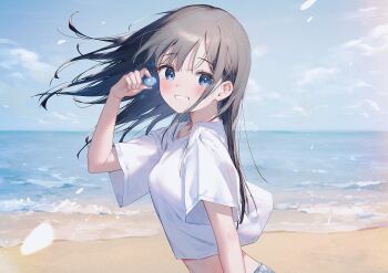 Rule 34 | 1girl, beach, black hair, blue eyes, blue sky, blush, breasts, cloud, commentary request, day, floating clothes, floating hair, from side, grin, hand up, highres, holding seashell, horizon, long hair, looking at viewer, m ydayo, midriff, navel, original, outdoors, sand, seashell, shell, shirt, shore, short sleeves, sidelocks, sky, small breasts, smile, solo, sunlight, teeth, upper body, water, white shirt, wind