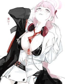 1girl arm_behind_head between_breasts bikini black_bikini black_jacket blue_archive breasts button_gap cleavage eimi_(blue_archive) hair_ornament halo headphones headphones_around_neck highres hot jacket kawatiw large_breasts long_hair long_sleeves necktie necktie_between_breasts off_shoulder open_clothes open_jacket open_shirt parted_lips partially_unbuttoned pink_eyes pink_hair pink_nails shirt simple_background solo sweat swimsuit translation_request very_long_hair white_background white_shirt zipper zipper_bikini zipper_pull_tab