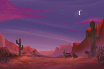 Rule 34 | animal, artist name, bush, cactus, crescent moon, desert, fox, landscape, leaping hare press, mesa, moon, mountainous horizon, night, no humans, outdoors, pink clouds, purple sky, scenery, signature, sky, zandra