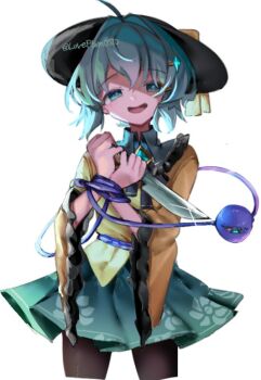 Rule 34 | 1girl, black bow, black bowtie, black hat, black pantyhose, bound, bound wrists, bow, bowtie, buttons, commentary request, diamond button, eyeball, floral print, frilled shirt collar, frilled sleeves, frills, green eyes, green hair, green skirt, hair ornament, hairpin, hat, hat bow, hat ribbon, komeiji koishi, loveplum0510, pantyhose, ribbon, rose print, shirt, skirt, smile, third eye, touhou, white background, wide sleeves, yellow bow, yellow ribbon, yellow shirt