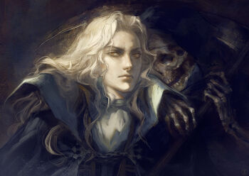 1boy 1other alucard_(castlevania) aristocratic_clothes ascot bishounen black_background black_cloak blonde_hair bone bow brown_eyes castlevania:_symphony_of_the_night castlevania_(series) cloak closed_mouth dark_background death_(castlevania) evil_smile fine_art_parody grin high_collar holding holding_weapon hood long_hair looking_at_viewer male_focus nat_the_lich nose painterly parody parted_lips redrawn scythe self-portrait_with_death_playing_the_fiddle simple_background skeleton skull smile teeth upper_body vampire weapon white_ascot white_bow