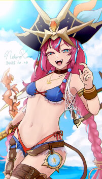 +_+ 1girl absurdres belt bikini blue_eyes blue_hair blue_streaks braid breasts collar commentary_request cross-shaped_pupils dated denim denim_shorts emika_(starward) fangs hat highres krnkalc9732 long_hair looking_at_viewer low_twin_braids micro_shorts multicolored_hair navel official_alternate_costume open_mouth pirate_hat pointy_ears red_collar red_hair red_pupils shorts side-tie_bikini_bottom signature small_breasts solo starward stomach streaked_hair swimsuit symbol-shaped_pupils thigh_belt thigh_strap twin_braids very_long_hair