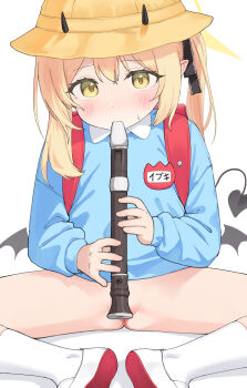 1girl aak absurdres black_tail blonde_hair blue_archive blush bottomless commentary demon_tail demon_wings flute halo hat highres holding holding_instrument ibuki_(blue_archive) instrument kindergarten_uniform loli long_sleeves looking_at_viewer paid_reward_available recorder school_hat shirt shoes simple_background sitting socks solo tail white_background white_socks wings yellow_eyes