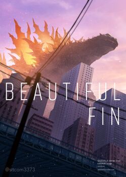 Rule 34 | building, city, cloud, cloudy sky, day, dinosaur, dusk, epic, fangs, giant, giant monster, glowing, glowing spikes, godzilla, godzilla (series), highres, kaiju, monster, no humans, overcast, overpass, power lines, realistic, sharp teeth, sky, skyscraper, snow, spikes, suttoko, teeth, toho