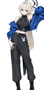 1girl absurdres black_boots black_halo black_pants black_shirt blue_archive blue_eyes blue_jacket boots breasts commentary crop_top dot_nose english_commentary grey_hair halo highres jacket mechanical_halo medium_breasts midriff navel not_forever2w open_clothes open_jacket pants shirt simple_background sleeveless sleeveless_shirt solo standing stomach toki_(blue_archive) v