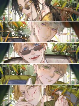 23cifang 5boys america_(hetalia) axis_powers_hetalia black_hair blonde_hair blood blood_on_face blue_eyes china_(hetalia) earrings eyewear_strap facial_hair france_(hetalia) glasses goatee_stubble green_eyes hair_tubes highres jewelry long_hair looking_at_viewer male_focus multiple_boys opaque_glasses open_mouth partially_opaque_glasses plant ponytail purple_eyes russia_(hetalia) short_hair single_hair_tube smile stubble thick_eyebrows united_kingdom_(hetalia) white_hair yellow_eyes
