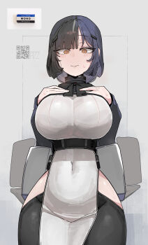 1girl :&gt; artist_name azz0422 black_hair blunt_bangs blush bob_cut closed_mouth clothing_cutout constricted_pupils covered_navel cross-shaped_pupils embarrassed eraser eyelashes facing_viewer from_below hair_ornament hairclip harness high_collar highres hip_vent looking_at_viewer narrowed_eyes orange_eyes original pelvic_curtain qr_code raised_eyebrow ribbon short_hair solo standing sweatdrop symbol-shaped_pupils