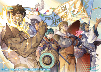 1girl abs animal_ears armor askr_(fire_emblem) askr_(new_year)_(fire_emblem) axe battle_axe beak beard biceps bird blonde_hair blue_eyes brown_eyes brown_hair cape closed_mouth cow_horns crossed_arms dark-skinned_male dark_skin eikthyrnir_(fire_emblem) eikthyrnir_(resolved_to_train)_(fire_emblem) embla_(fire_emblem) embla_(new_year)_(fire_emblem) ephraim_(fire_emblem) ephraim_(sacred_twin_lord)_(resplendent)_(fire_emblem) eyepatch facial_hair feh_(fire_emblem_heroes) fire_emblem fire_emblem:_the_sacred_stones fire_emblem:_three_houses fire_emblem_heroes flag flying full_armor full_beard fur-trimmed_kimono fur_trim gold_trim green_hair holding holding_axe holding_flag holding_umbrella horns japanese_clothes jeralt_reus_eisner kimono lace-trimmed_eyepatch large_pectorals long_hair long_sleeves male_focus mask mature_male mouth_mask multiple_boys muscular muscular_male nintendo nishiki_areku official_alternate_costume official_art oil-paper_umbrella open_mouth orange_tunic owl pale_skin pectorals red_cape red_eyes red_kimono short_hair smile tunic umbrella weapon white_hair white_kimono wings