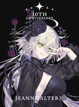 1girl ahoge anniversary black_background black_bow black_dress black_flower black_shrug bow breasts character_name chinese_commentary commentary_request dress earrings english_text fate/grand_order fate_(series) flower hair_between_eyes hair_bow hair_flower hair_ornament hand_up jeanne_d&#039;arc_alter_(fate) jeanne_d&#039;arc_alter_(over_the_same_sky)_(fate) jewelry large_breasts long_hair long_sleeves looking_at_viewer parted_lips purple_flower shrug_(clothing) sideboob simple_background sleeveless sleeveless_dress smile solo star_(symbol) starshadowmagician upper_body v v_over_eye white_hair yellow_eyes
