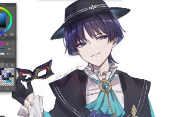1boy art_program_in_frame ascot black_cloak black_gloves black_hair black_hat black_mask blue_ascot blue_hair blue_pupils blunt_ends boater_hat cloak closed_mouth colored_inner_hair dress_shirt eye_mask eyeliner eyeshadow formal_clothes frilled_shirt_collar frilled_sleeves frills genshin_impact gloves half_gloves hand_up hat hdmikamo head_tilt highres holding holding_mask layered_ascot looking_at_viewer makeup male_focus mask multicolored_hair official_alternate_costume portrait purple_ascot purple_eyes purple_hair red_eyeliner red_eyeshadow scaramouche_(genshin_impact) shirt smile solo split_mouth streaked_hair tsurime twitter_username undershirt wanderer_(genshin_fes_2026)_(genshin_impact) wanderer_(genshin_impact) white_background white_shirt white_sleeves white_trim wispy_bangs