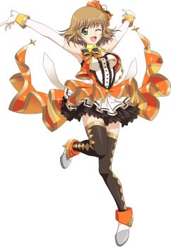 Rule 34 | 1girl, alternate costume, artist request, black thighhighs, breasts, brown hair, cosplay, dress, elbow gloves, full body, game cg, gloves, green eyes, highres, idol, idol clothes, idolmaster, leia rolando, looking at viewer, medium breasts, official art, one eye closed, open mouth, orange dress, orange ribbon, orange shoes, ribbon, shoes, short hair, smile, solo, standing, standing on one leg, tales of (series), tales of asteria, tales of xillia, thighhighs, third-party source, transparent background, white gloves, white shoes