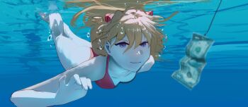 1girl absurdres air_bubble album_cover album_cover_redraw artist_request ass bikini blue_eyes breasts brown_hair bubble cover derivative_work full_body highres lithiumelf money neon_genesis_evangelion nevermind nirvana_(band) parody red_bikini smile solo souryuu_asuka_langley swimming swimsuit two_side_up underwater water wide_hips