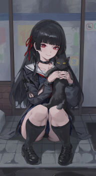 1girl absurdres animal arm_cutout black_cat black_choker black_hair black_jacket black_panties black_serafuku black_shirt black_shoes black_skirt black_socks cat chisa_(wuthering_waves) choker closed_mouth clothing_cutout collarbone commentary hair_ribbon highres holding holding_animal jacket llami_0 long_hair long_sleeves looking_at_viewer mole mole_under_eye panties pantyshot red_eyes red_ribbon ribbon sailor_collar school_uniform serafuku shirt shoes skirt smile socks solo squatting tacet_mark_(wuthering_waves) underwear white_sailor_collar wuthering_waves