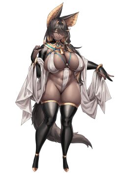 1girl absurdres ancient_egyptian animal_ears ankh anubis_(mythology) black_boots black_hair black_shrug blonde_hair boots breasts bridal_gauntlets cameltoe cleavage closed_eyes covered_erect_nipples covered_navel curvy dark-skinned_female dark_skin dress hair_intakes hair_over_shoulder high_heel_boots high_heels highres huge_breasts jackal_ears jackal_girl jackal_tail lips long_hair low_ponytail multicolored_hair naidong_(artist) original ponytail revealing_clothes shawl shrug_(clothing) skindentation slingshot_dress smile solo standing tail thick_eyelashes thick_thighs thigh_boots thighs white_background white_dress white_shawl