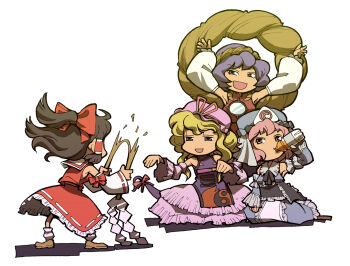 4girls blonde_hair bottle brown_hair detached_sleeves dress female_focus gap_(touhou) gohei hakurei_reimu hat hounori japanese_clothes miko mirror mocking multiple_girls pink_hair purple_hair ribbon rope saigyouji_yuyuko shimenawa touhou triangular_headpiece yakumo_yukari yasaka_kanako