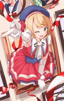 1girl ;d arm_support beret blonde_hair blue_corset blue_hat blunt_bangs blush commentary corset cropped_vest earl_grey_no_chaba elbow_gloves english_commentary frilled_shirt frills gloves green_eyes hat highres idol_clothes indie_virtual_youtuber layered_skirt looking_at_viewer miniskirt official_alternate_costume one_eye_closed open_mouth red_skirt red_vest shigure_ui_(vtuber) shigure_ui_(vtuber)_(masterpiece) shirt short_hair side_part skirt sleeveless sleeveless_shirt smile solo through_medium through_painting underbust vest virtual_youtuber white_gloves white_shirt wrist_bow