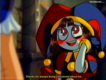 1990s_(style) 2girls blue_eyes blue_gloves blurry blurry_foreground brown_hair commentary english_commentary english_text gloves jester lueduar multicolored_eyes multiple_girls open_mouth out_of_frame pomni_(the_amazing_digital_circus) ragatha_(the_amazing_digital_circus) red_eyes retro_artstyle scene_reference short_hair smile solo_focus subtitled the_amazing_digital_circus twitter_username two-tone_eyes upper_body vhs_artifacts